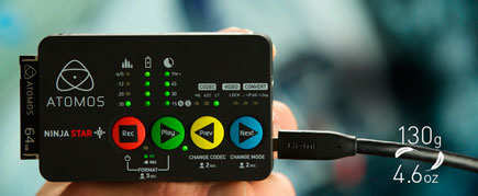 Atomos Ninja Star device with SD card and cable connected