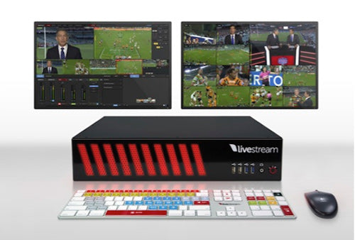 The Studio HD51 Production Switcher, keyboard, mouse, and two screens