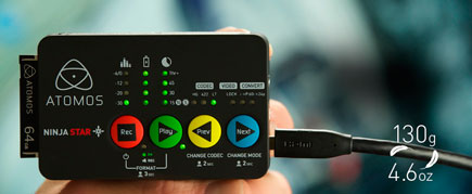 Atomos Ninja Star device with SD card and cable connected