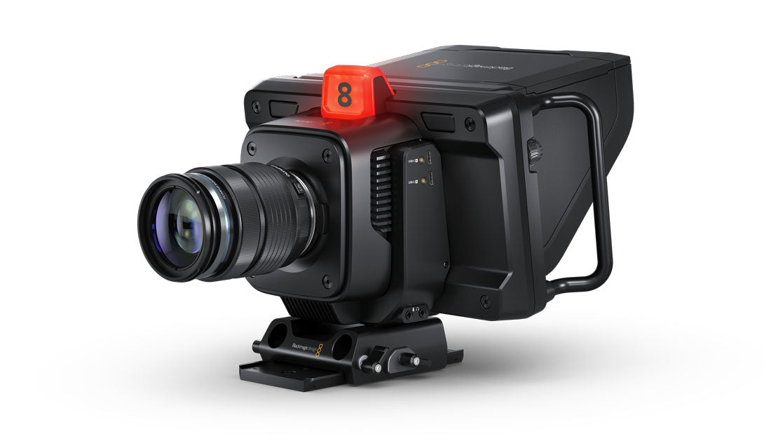 Blackmagic Studio Camera 4K Plus side angle view (lens not included)